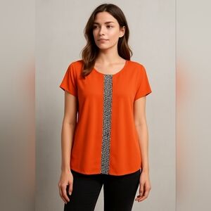 Le Sample Orange Chiffon Pleated Sleeve Blouse Geometric Accent Top Sz L#1393